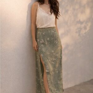 Vintage Sage Floral Wrap Skirt Midi Satin Cottagecore Slip S